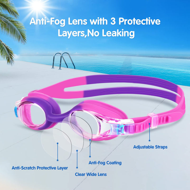Kids Swim Goggles, 2 Pack Portable Swimming Goggles No Leaking Anti Fog Kids Goggles for Boys Girls(Age 6-14), Blue & Purple Pink