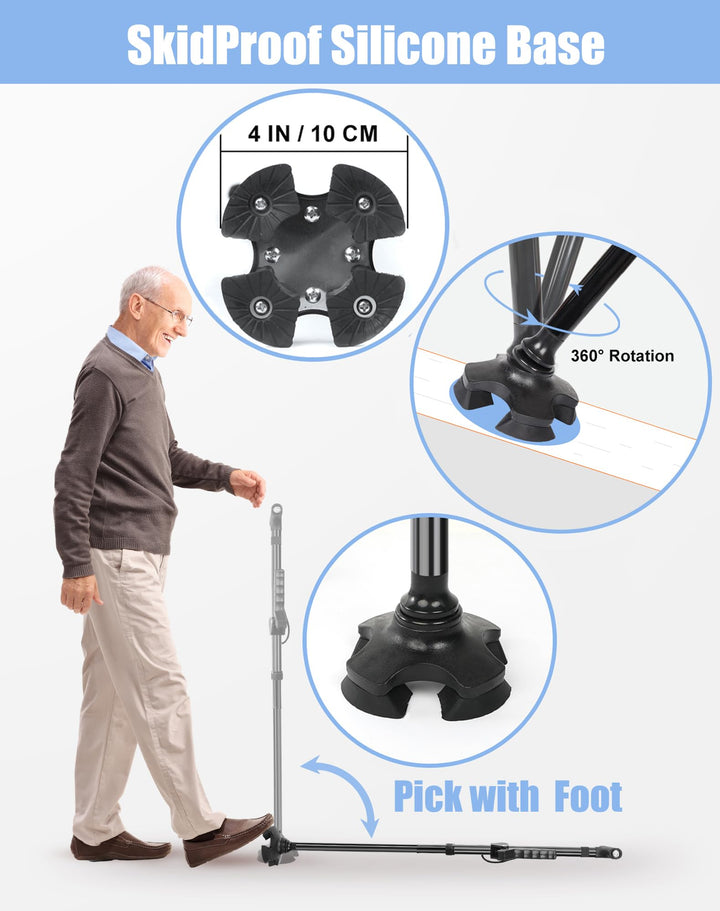 Folding Walking Cane with LED Light for Men and Women, 11 Heights Adjustable, Collapsible Elderly Walking Stick with Side Handle, Black