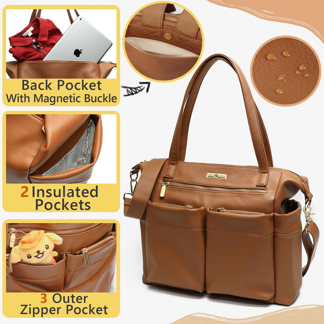 Diaper Bag Tote Leather Diaper Bag Backpack Large Tote Bag,Baby Diaper Bag for Women,Diaper Bag Purse with 11 Diaper Bag Organizer,Changing Pad, Stroller Straps,4 Insulated Pockets