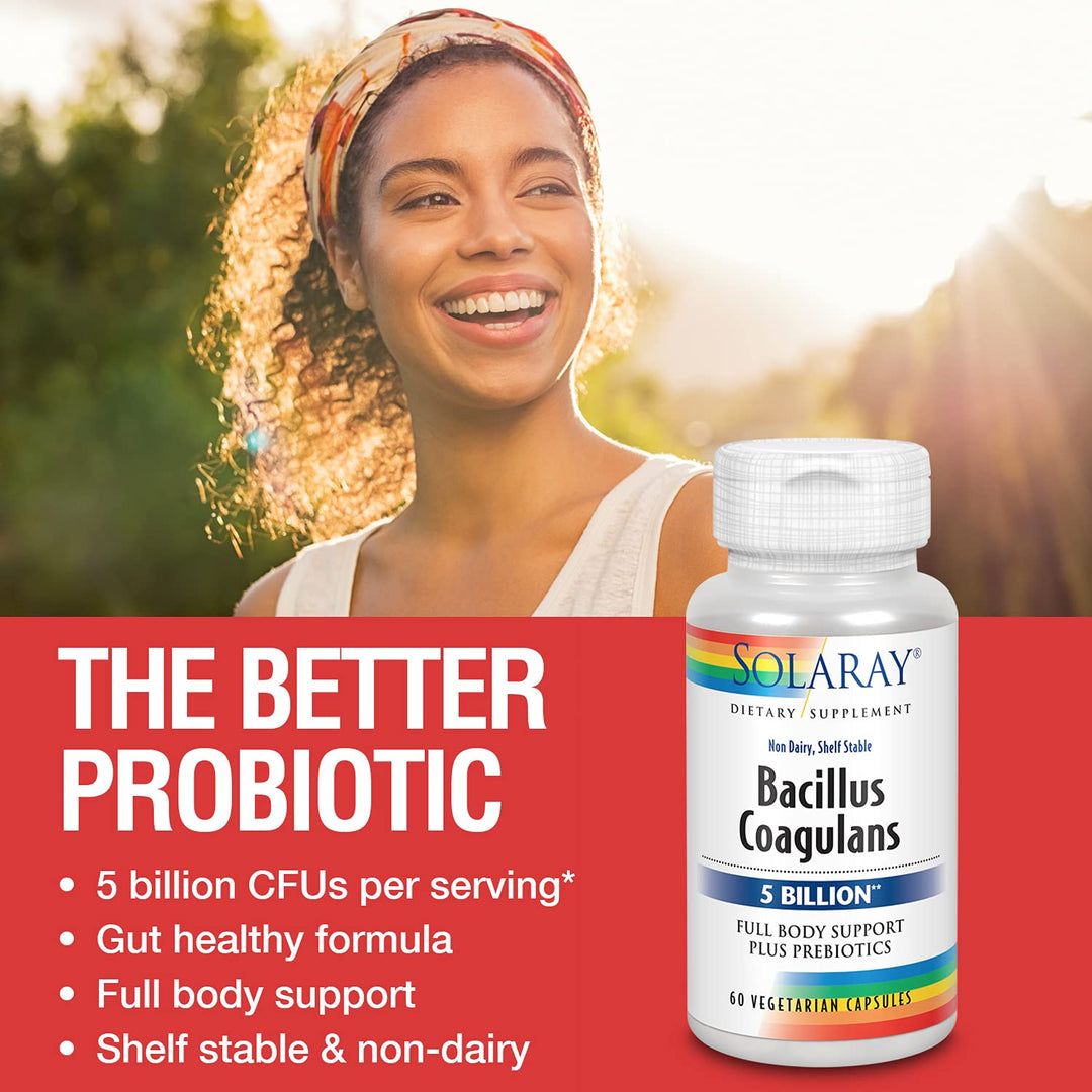 Solaray Bacillus Coagulans Probiotic, Shelf Stable | Full Body Support | 5 Bill. CFUs & Prebiotics, 60 VegCaps, 30 Serv.