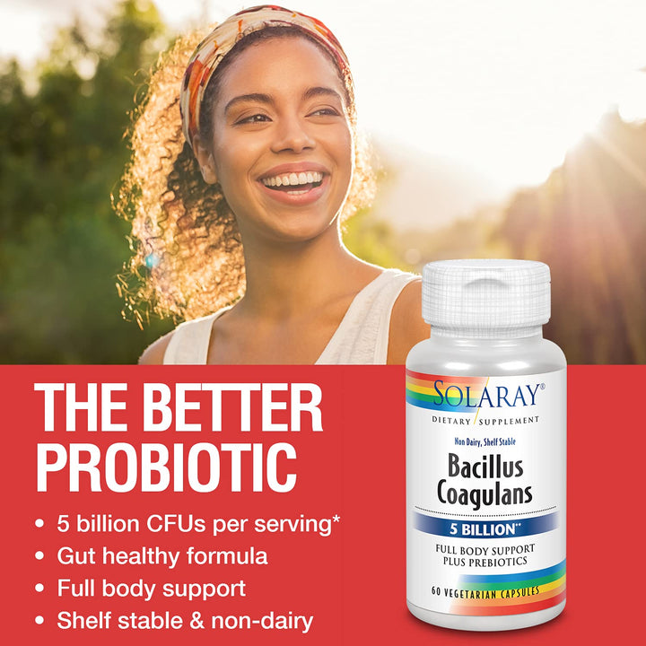 Solaray Bacillus Coagulans Probiotic, Shelf Stable | Full Body Support | 5 Bill. CFUs & Prebiotics, 60 VegCaps, 30 Serv.