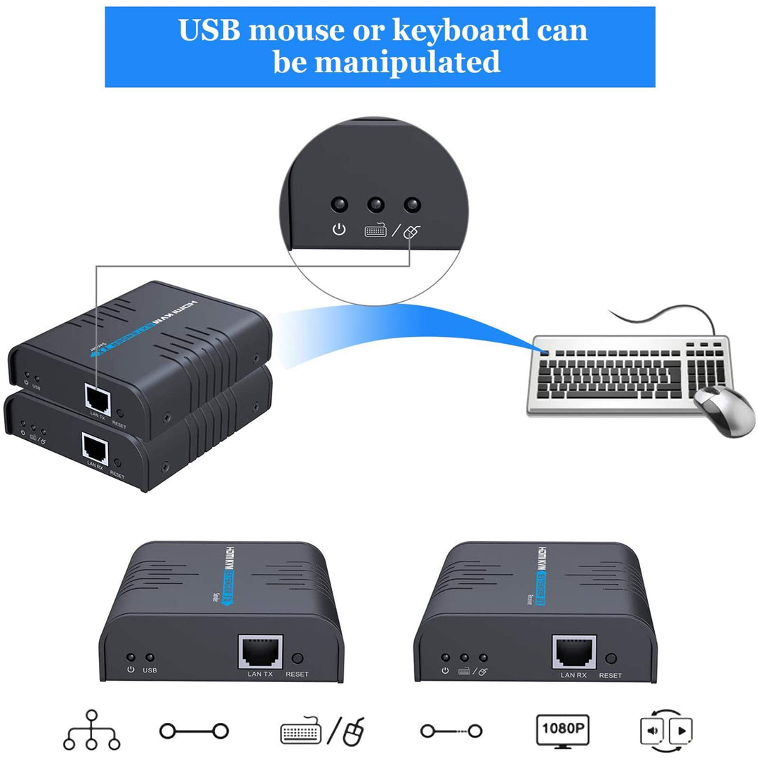 USB HDMI KVM Extender Over Single Cat 5/5E/6/7 Ethernet Cable- Signal Extension Up to 120m/365Ft- USB Keyboard Mouse Support- Adapter for Residential/Commercial Use