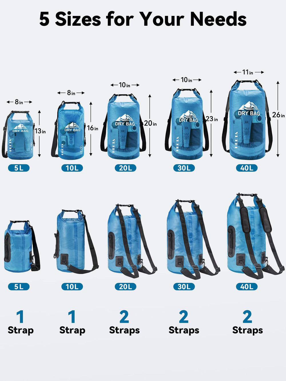 Dry Bag Waterproof for Women Men, Roll Top Lightweight Dry Storage Bag Backpack with Phone Case for Travel, Swimming, Boating, Kayaking, Camping and Beach (Transparent Blue, 5L)