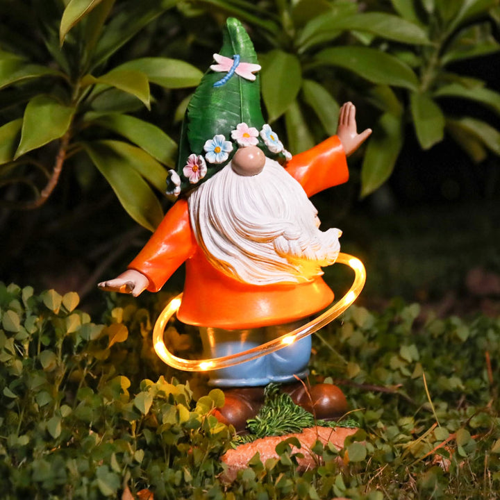 Garden Gnome Outdoor Statue, Funny Gnomes Garden Sculptures & Statues Playing Hula Hoop with Solar LED Light Resin Yard Ornament for Outdoor Garden Lawn Patio Decor, Housewarming Gifts