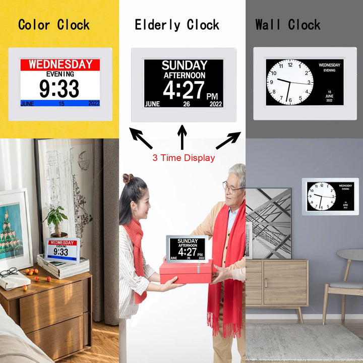 3 Colors Extra Large Impaired Vision Digital Clock with Day and Date for Elderly Calendar Day Clock Auto Dimmable Clock with Non-Abbreviated Year & Month Alarm Clock (7 inch Black)