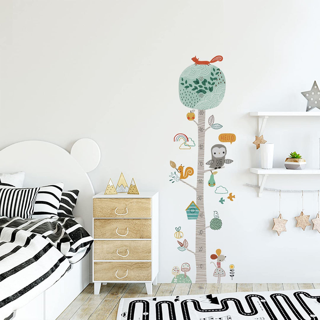 Kids Height Chart Wall Decals, Baby Growth Height Wall Ruler, Lovely Forest Animals Mouse Owl Squirrel Tree Height Measure Wall Stickers, Removable DIY Mural Decor for Kids Bedroom, Nursery, Classroom