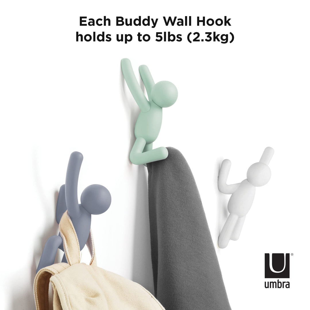 Buddy Wall Hooks – Decorative Wall Mounted Coat Hooks for Hanging Coats, Scarves, Bags, Purses, Backpacks, Towels and More, Set of 3, White/Grey/Mint