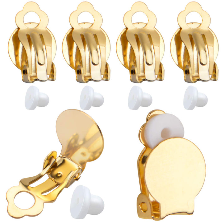 50pcs Round Flat Back Tray Earring Clips Non Pierced Earring Components and 50pcs Soft Cushion for DIY Earrings Jewelry Making,Gold