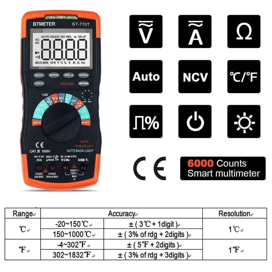 True RMS Digital Multimeter Tester 6000 Counts AC DC 20A Ohmmeter Voltmeter DMM Measure Voltage Current Amp Resistance Diodes Continuity Duty-Cycle Capacitance Temperature ( BT-770T)