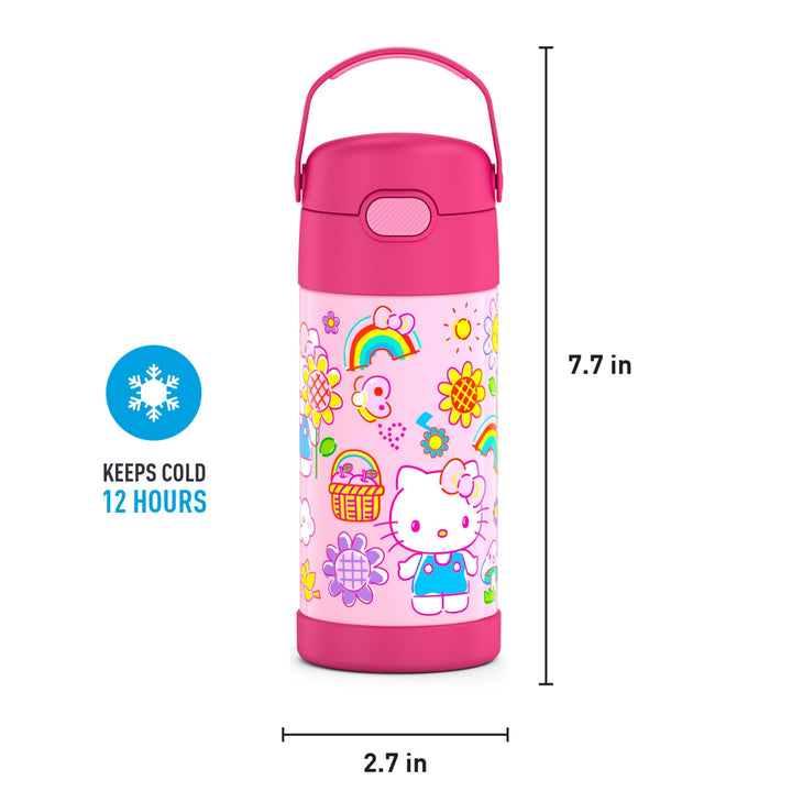 FUNTAINER 12 Ounce Stainless Steel Vacuum Insulated Kids Straw Bottle, Hello Kitty