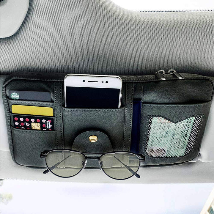Car Sun Visor Organizer, PU Leather Auto Interior Accessories Pocket Organizer with Multi-Pocket with Zipper Net (Black)
