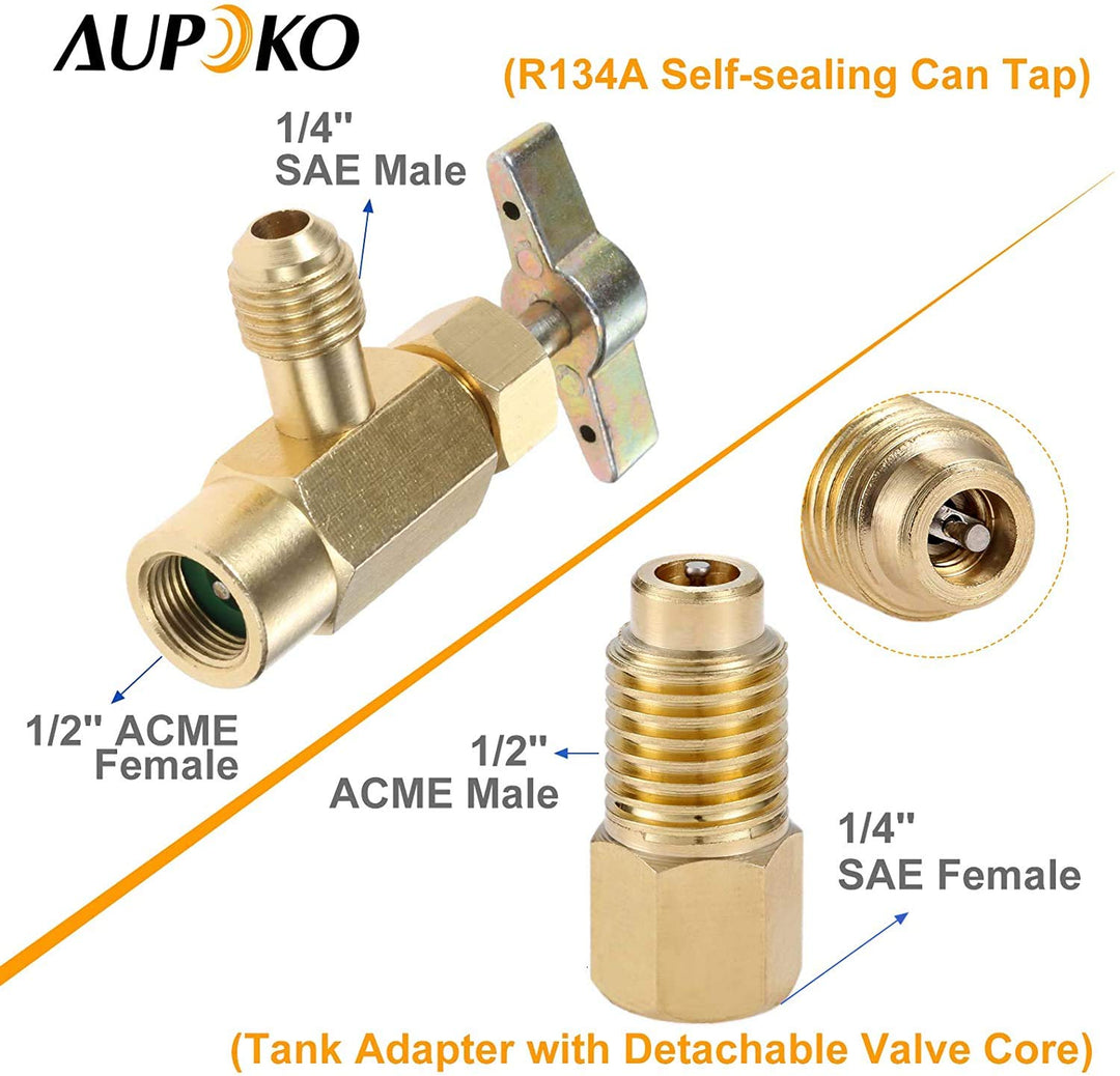 R134A Self-Sealing Can Tap with R134A Tank Adapter, 1/2’’ Acme to 1/4’’ SAE Refrigerant Can Bottle Tap Opener with 1/4’’ SAE Female and 1/2’’ Acme Male Adapter