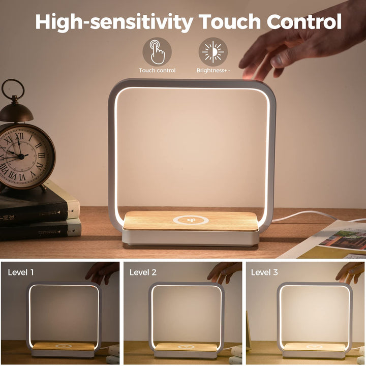 Bedside Lamp Qi Charger LED Desk Lamp with Touch Control 3 Light Hues,Table Lamp Eye-Caring Reading Light for Kids, Adults, Home, Dorm and Office,Wireless Charge for All Qi Devices