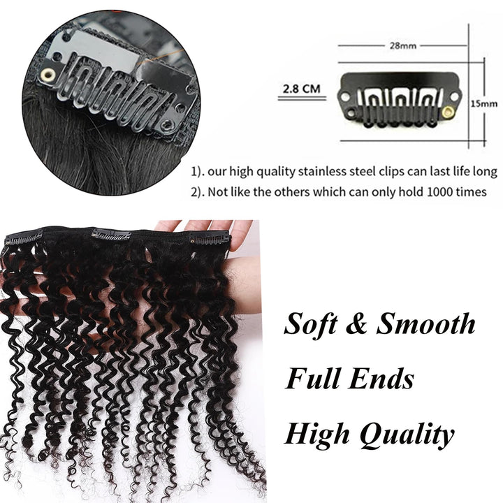 Afro Kinky Curly Hair Clip In Human Hair Extensions3A/ 3B /3C 100% Human Natural Black Color Hair Clip Ins Full Head Brazilian Virgin Remy Hair 8PC/Set 100G for Black Women (16INCH/40CM)