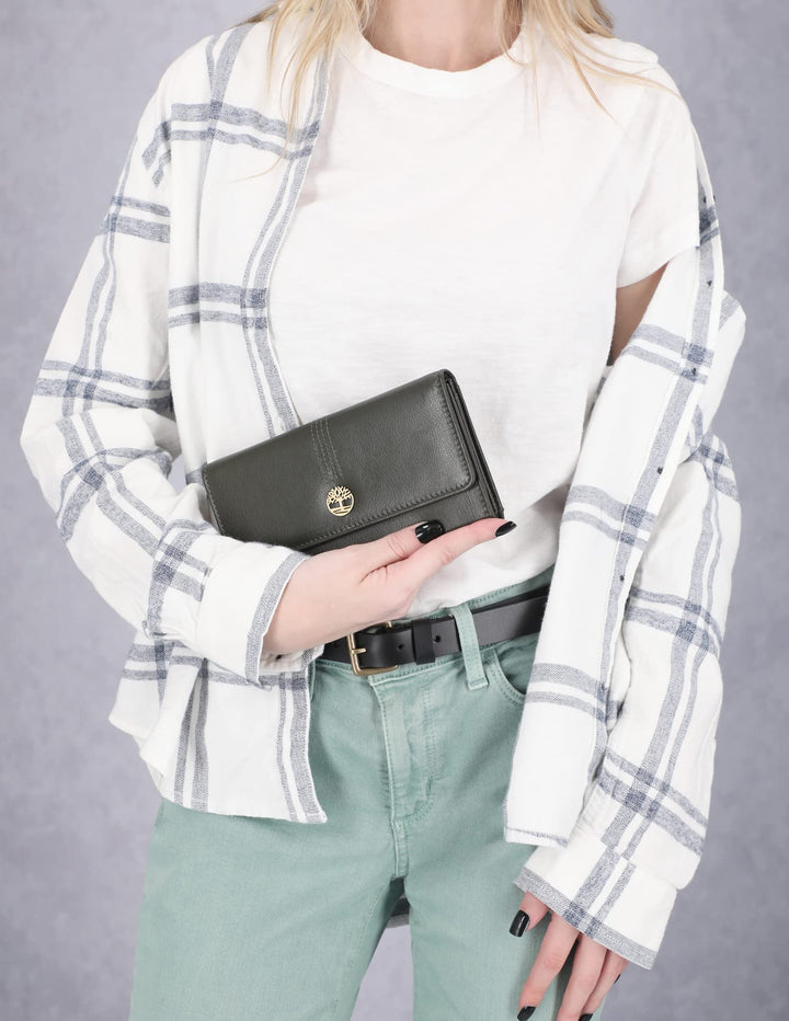Leather RFID Flap Wallet Clutch Organizer, Grape Leaf