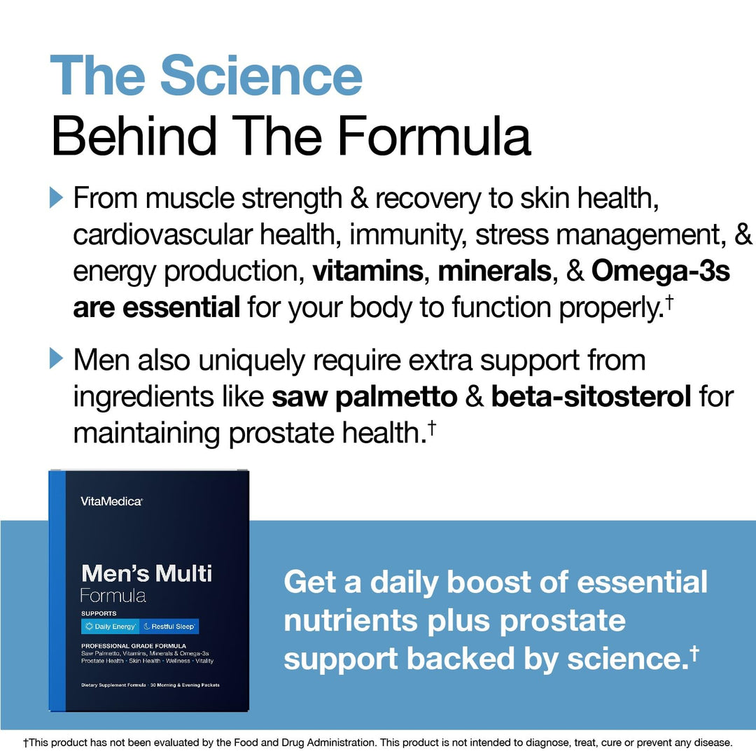 Men’s Multivitamin with Prostate Health Support | Vitamins, Minerals, Omega3s and Saw Palmetto | Box of 30 Easy Daily Packs | Supports Natural Energy and Sleep | Muscle, Joint Health