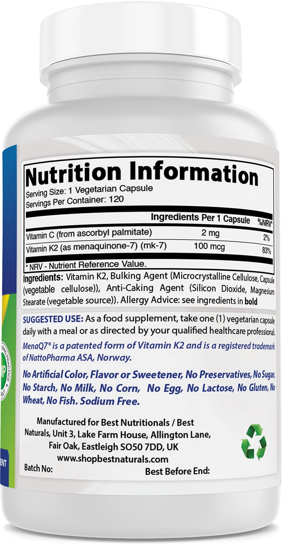 MK-7 Vitamin K2 100 mcg 120 Vcaps