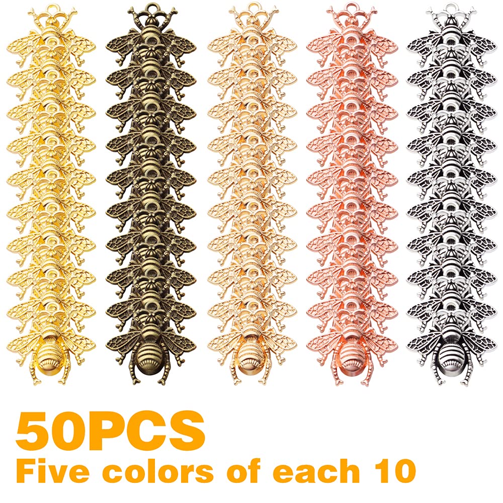 50pcs Alloy Bee Charms Honeybee Charm Pendants Insect Pendant for DIY Jewelry Craft Making Accessory,21mm×20mm,5 Colors