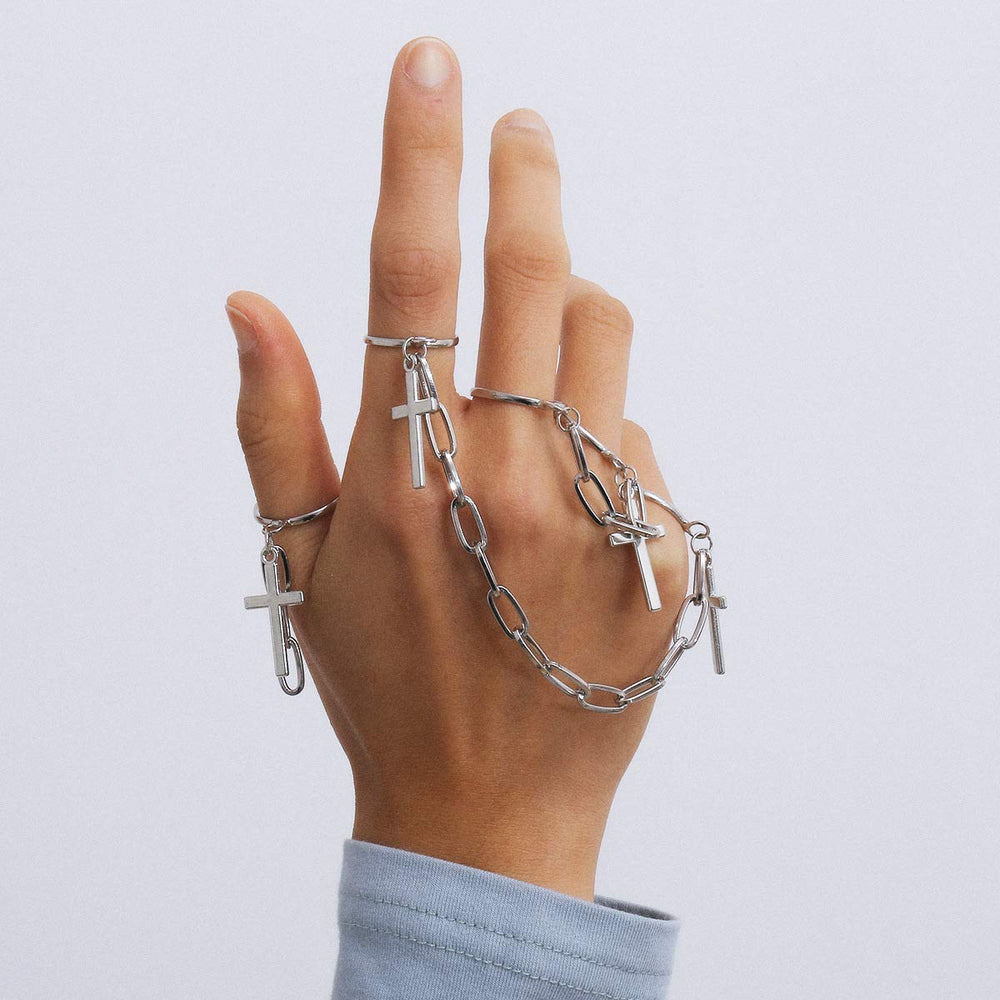 3Pcs Punk Cross Knuckle Ring with Chain Tassel Paperclip Link Chain Finger Ring Gothic Statement Ring Pack for Women Men