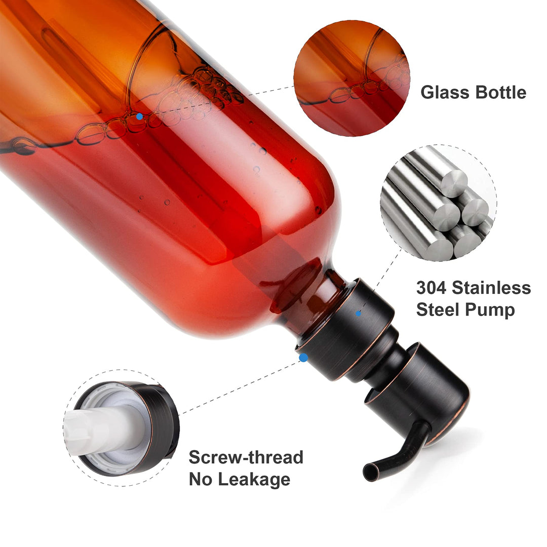 Amber Glass Soap Dispenser, 2 Pack Thick Glass Soap Dispenser with Bronze Stainless Steel Pumps, 17 Oz Hand Soap Dispenser Bottle for Liquid Lotion, Bathroom Kitchen Dish Soap Dispenser