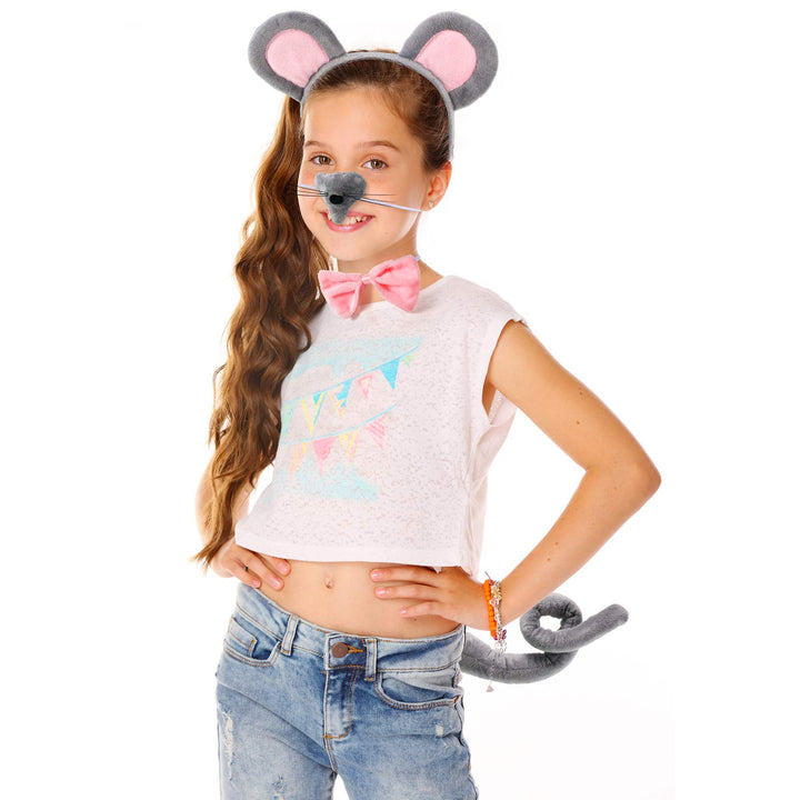 Kids Mouse Costume Set Mouse Tutu Skirt Animal Ears Nose Bow Tie Tail Tutu Skirt Fancy Costume Accessories Halloween(Gray)