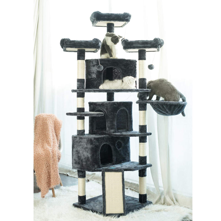 XL Cat Tree, 73.4 inch Cat Tower with 3 Caves, 3 Cozy Perches, Scratching Posts, Board, Activity Center Stable for Kitten/Big Cat, Gray MPJ032G