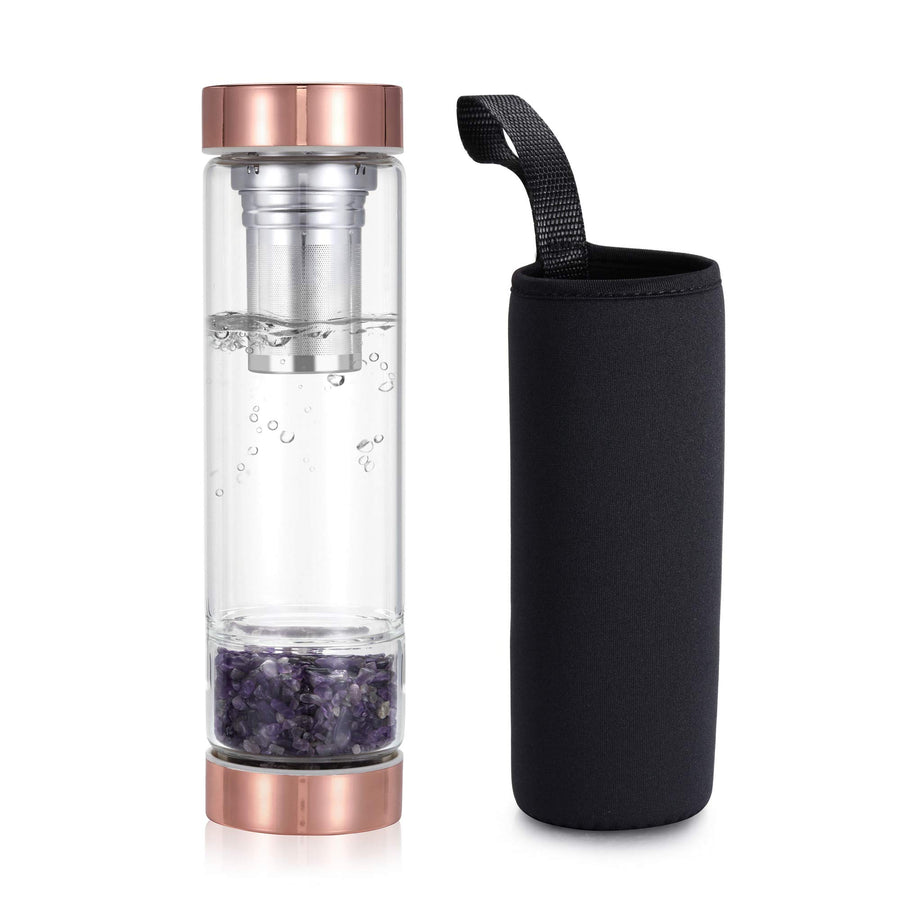 Crystal Water Bottle, Natural Amethyst Healing Glass Water Bottle, Includes a Loose Leaf Tea Infuser Bottle and Protective Sleeve