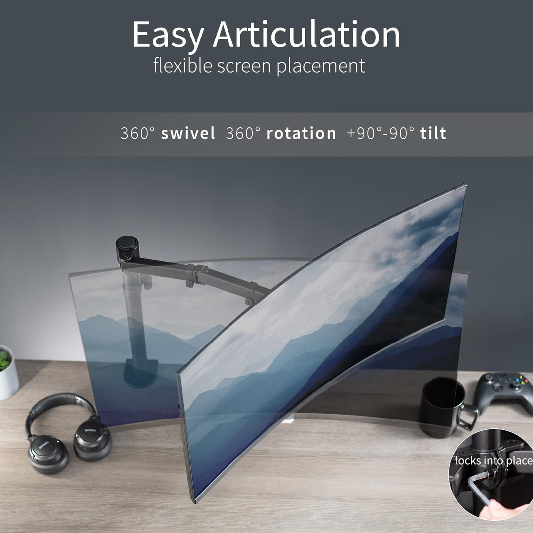 Single Monitor Arm Desk Mount, Holds Screens up to 32 inch Regular and 38 inch Ultrawide, Fully Adjustable Stand with C-Clamp and Grommet Base, VESA 75x75mm or 100x100mm, Black, STAND-V001