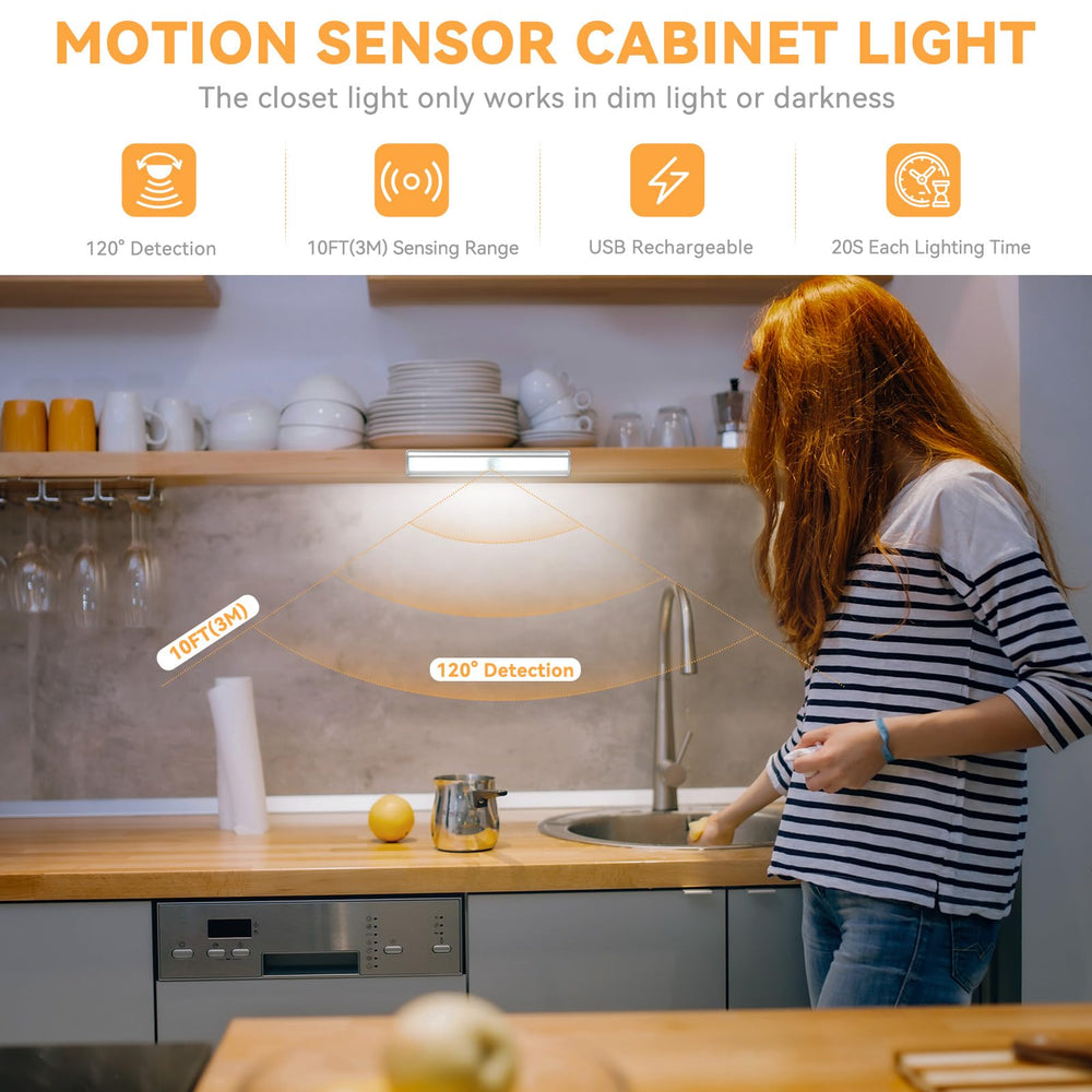 Under Cabinet Lighting, USB Rechargeable Motion Sensor Closet Light, Wireless Magnetic Stick-on Cordless 10 LED Night Light Bar for Closet Cabinet Wardrobe Stairs, 2 Pack