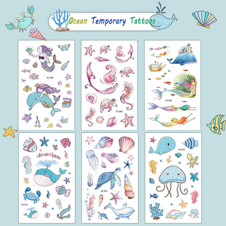 188PCS Ocean Temporary Tattoos for Kids - Mermaid, Dolphin, Whale Tattoo Body Stickers - Cartoon Tattoos Sticker for Boy Girl Birthday Party Decorations Supplies Favors(12 Sheets)