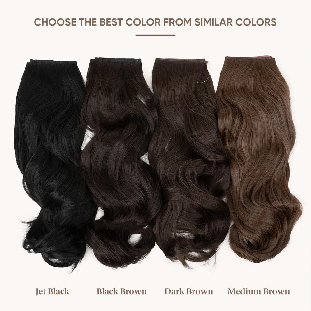 Invisible Wire Hair Extensions with 3 Clips Long Synthetic Wavy Curly Hairpiece Adjustable Transparent Headband for Women 16 Inch Black Brown