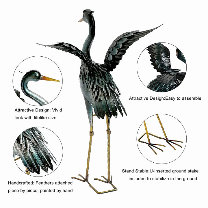 Crane Garden Statue Sculpture, Metal Heron Outdoor Decor, Yard Art Bird Decoy for Backyard Pond Patio Porch Lawn Decorations