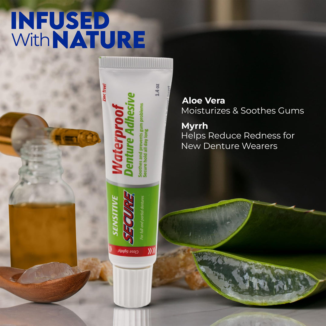 Sensitive Gums Waterproof Denture Adhesive Zinc Free with Aloe Vera & Myrrh - Extra Strong 12 Hour Hold - 1.4 oz (Pack of 4)