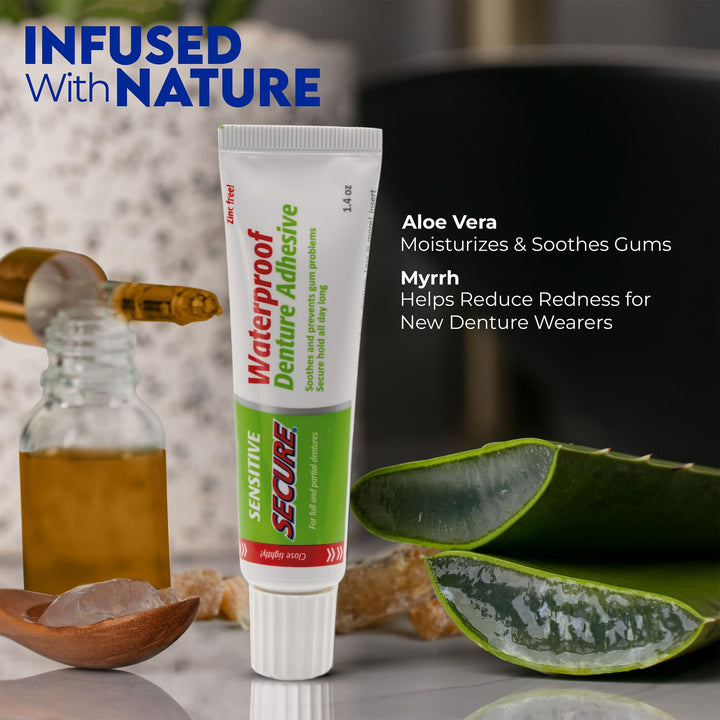 Sensitive Gums Waterproof Denture Adhesive Zinc Free with Aloe Vera & Myrrh - Extra Strong 12 Hour Hold - 1.4 oz (Pack of 4)