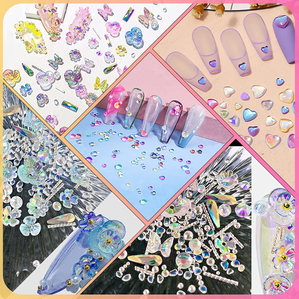 Crystal Glass Mermaid Rhinestones 3D Butterfly Flower Nail Charms Love Heart Crystal Mixed Gems Nail Rhinestones for Nail Art Decoration & DIY Crafting Design (4 boxes)