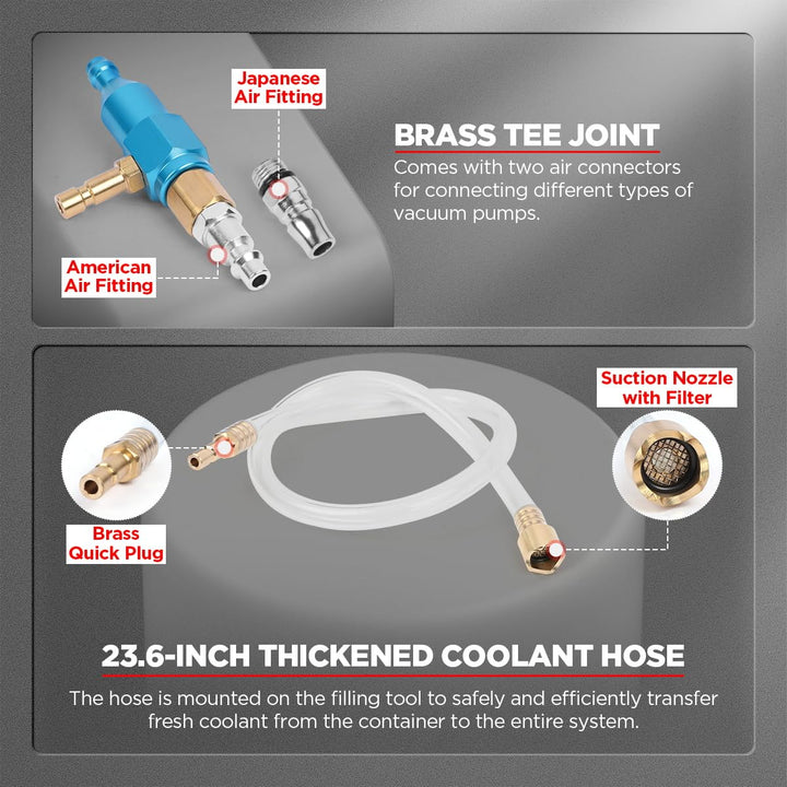 Coolant Vacuum Refill Kit Universal Coolant Vacuum Filler Tool with 5 Adapters Cooling System Vacuum Purge and Refill Kit Radiator Coolant Refill Tool Kit Coolant Bleeder Kit Vacuum Coolant Fill Kit