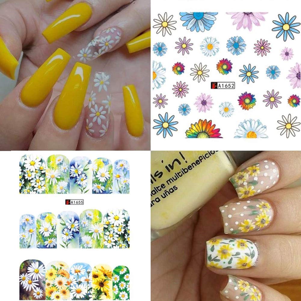 Daisy Nail Water Stickers Decals Sunflower Nail Art Sticker Foil Transfer Summer Nail Art Decorations Watermark Small Daisies Flower Designs Stickers Nail Tattoo Manicure Tips Decoration 12PCS