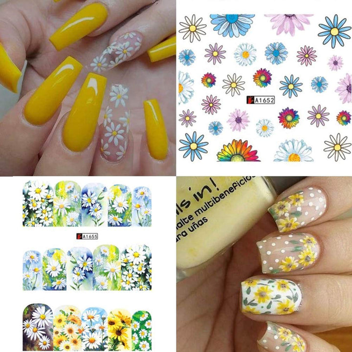 Daisy Nail Water Stickers Decals Sunflower Nail Art Sticker Foil Transfer Summer Nail Art Decorations Watermark Small Daisies Flower Designs Stickers Nail Tattoo Manicure Tips Decoration 12PCS