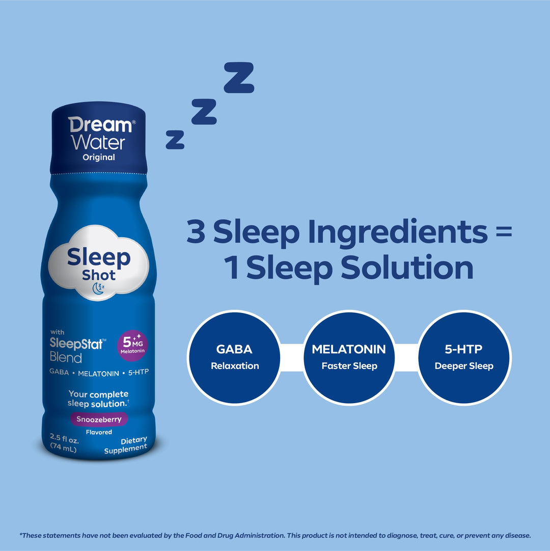 Sleep Aid Supplement Drink; Melatonin 5mg, GABA, 5-HTP; Zero sugar, Natural flavors, No added colors, 2.5 oz liquid sleep shots, Snoozeberry, 24-Count