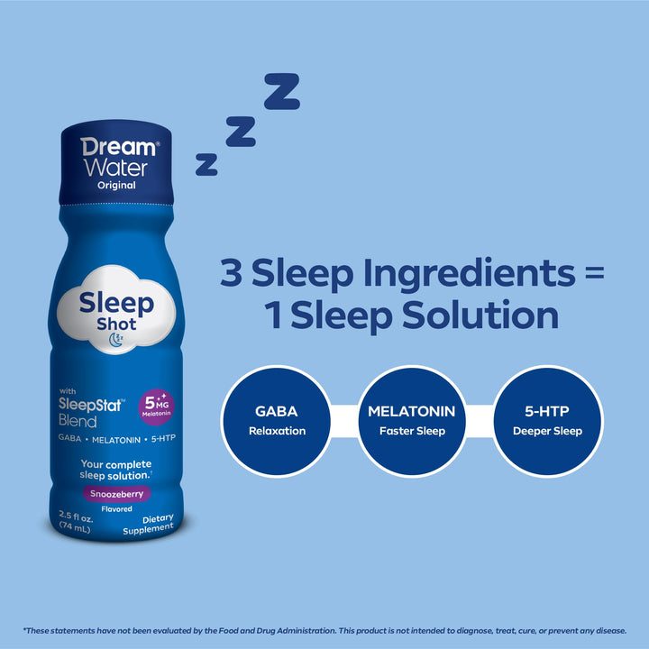 Sleep Aid Supplement Drink; Melatonin 5mg, GABA, 5-HTP; Zero sugar, Natural flavors, No added colors, 2.5 oz liquid sleep shots, Snoozeberry, 24-Count