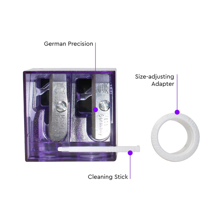 Makeup Pencil Sharpener for Lip, Eyebrow, and Eyeliner Pencil, Made in German Stainless Steel Blade, Size-Adjusting Adapter, Cleaning Stick