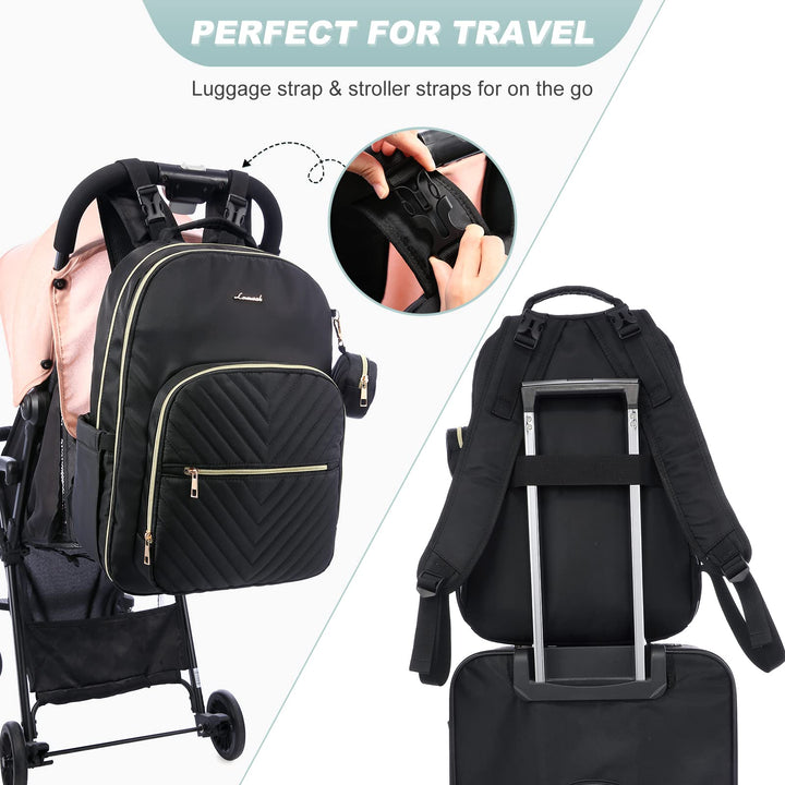 Diaper Bag Backpack, Quilted Baby Bag with Changing Pad & Pacifier Holder, Waterproof Travel Diaper Bags for Baby Boys Girls, Stylish and Large Capacity, Black