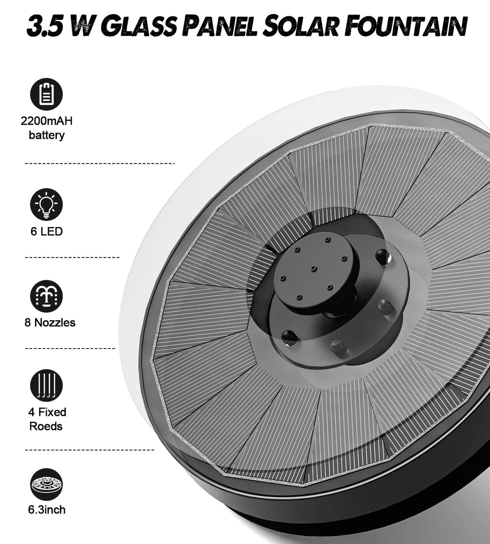 Solar Fountain Full Glass Panel with 2200 Capacity Battery, 3.5W Floating Solar Bird Bath Fountains with 4 Fixed Rods, Solar Fountain Pump for Bird Bath, Garden, Pond, Pool, Outdoor-Colorful
