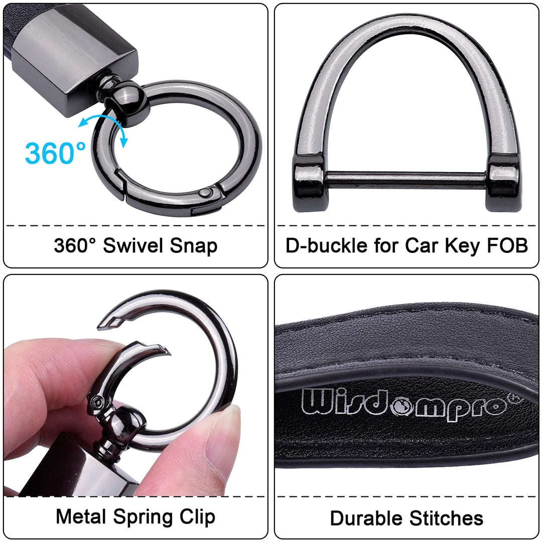 Genuine Leather Car Keychain, Universal Key Fob Keychain Leather Key Chain Holder for Men and Women, 360 Degree Rotatable, with Anti-lost D-ring, 3 Keyrings and 1 Screwdriver - Black