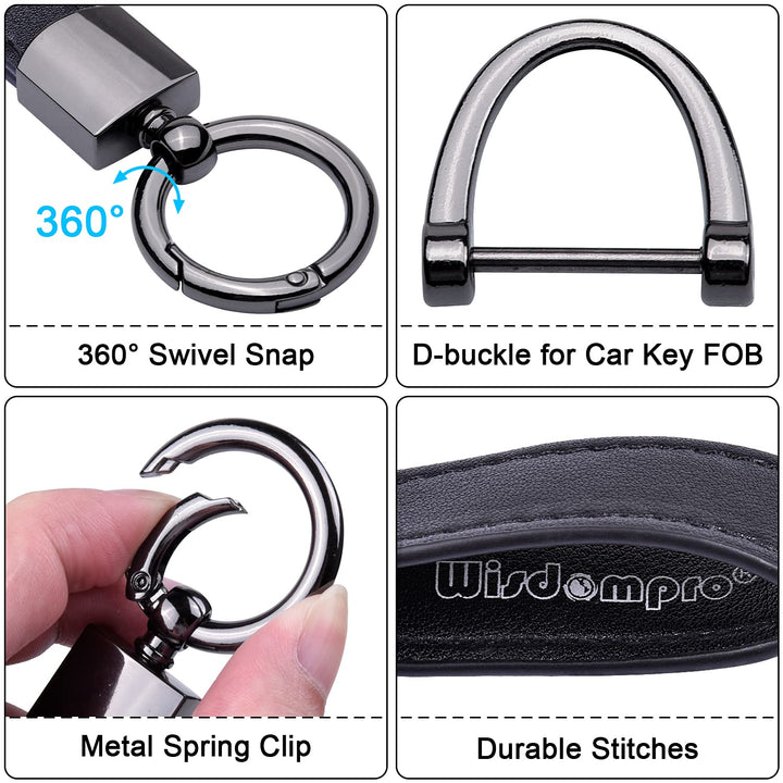 Genuine Leather Car Keychain, Universal Key Fob Keychain Leather Key Chain Holder for Men and Women, 360 Degree Rotatable, with Anti-lost D-ring, 3 Keyrings and 1 Screwdriver - Black