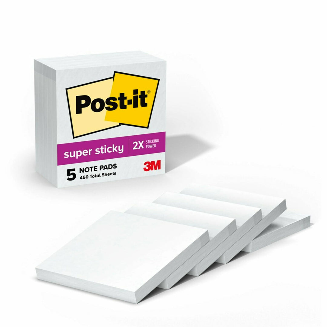 Super Sticky Notes, 3x3 in, 5 Pads, 2x the Sticking Power, White, Recyclable(654-5SSW)