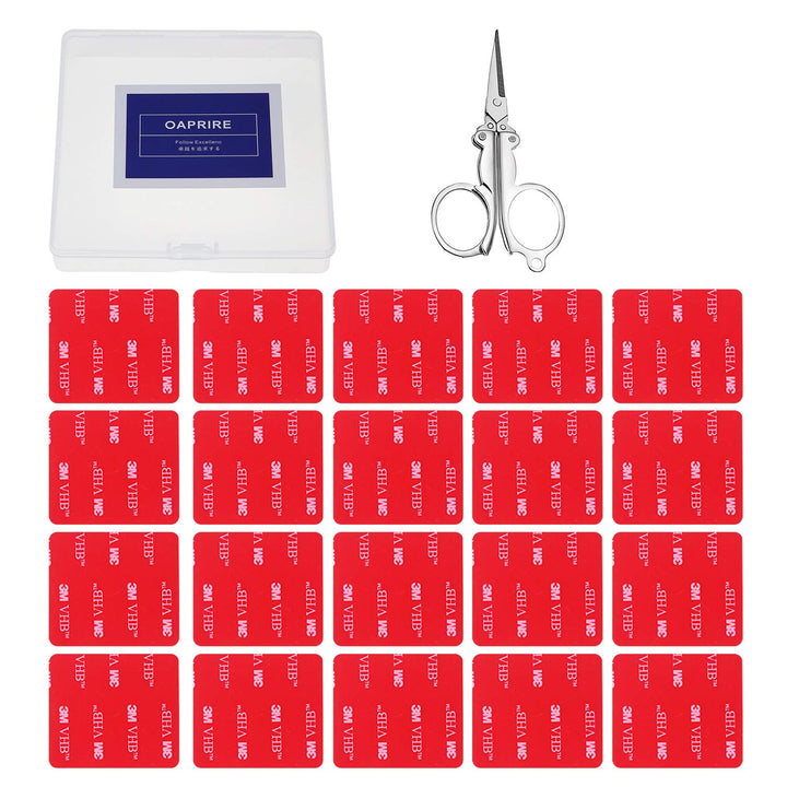 3M Double Sided Adhesive Tape Pads 20 PCS Multipurpose 3M VHB Sticky Adhesive Pads Replacement Mounting Tape with Stainless Steel Folding Scissors and Storage Box - 1.96 in x 1.57 in