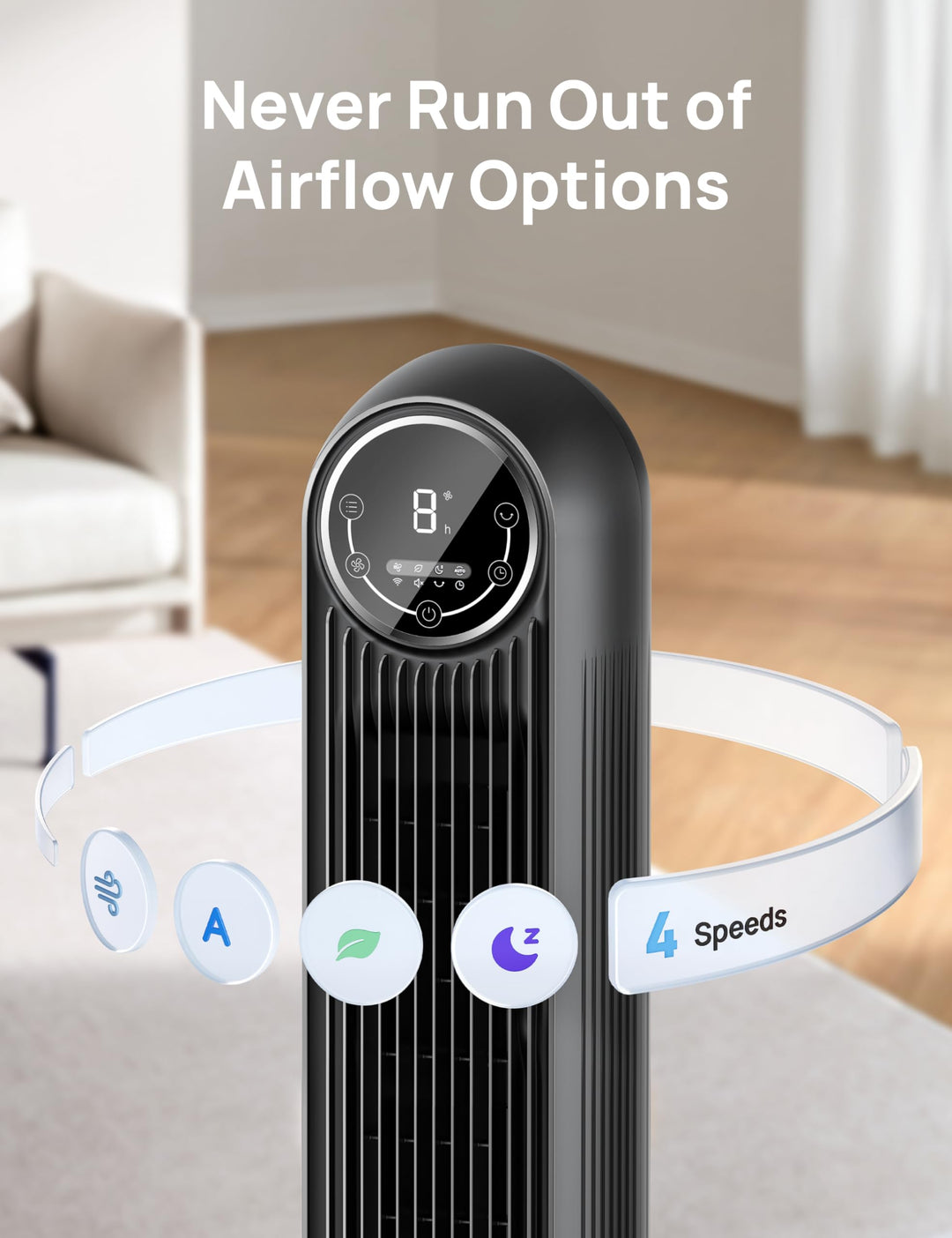 Tower Fan for Bedroom, 25ft/s Velocity 28dB Quiet Floor Fan, 90° Oscillating Fans for Indoors with 4 Speeds, 4 Modes, 8H Timer, Bladeless Standing Fan, Black, Nomad One (DR-HTF007)
