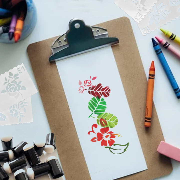 20Pcs Finger Sponge Daubers, Finger Painting Sponge with 8Pcs Flower Stencil Templates for Arts and Craft Painting Projects-Daubers for Stamping, Drawing, Ink, Card Making
