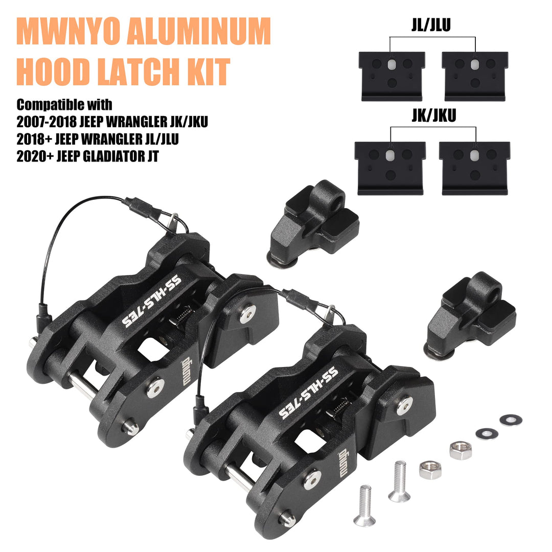 Hood Latches Aluminum Hood Catch Replacement for Jeep Wrangler JK/JKU 2007-2017, JL/JLU 2018+ & Jeep Gladiator 2020+ with painted, Patented Design (Black,1 Pair)